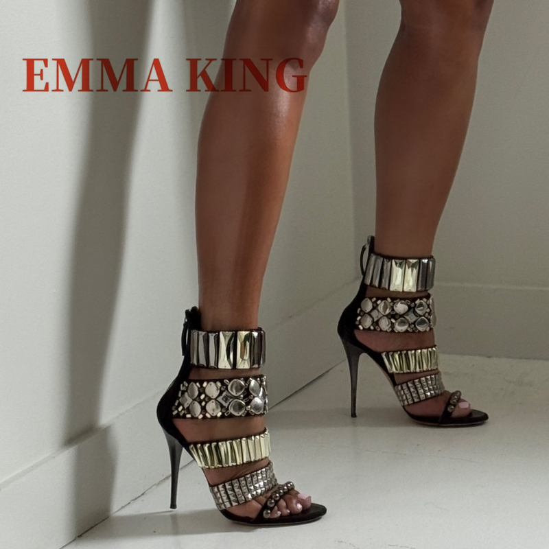 Summer Closet - Black Embellished Ankle Strap Sandals Summer