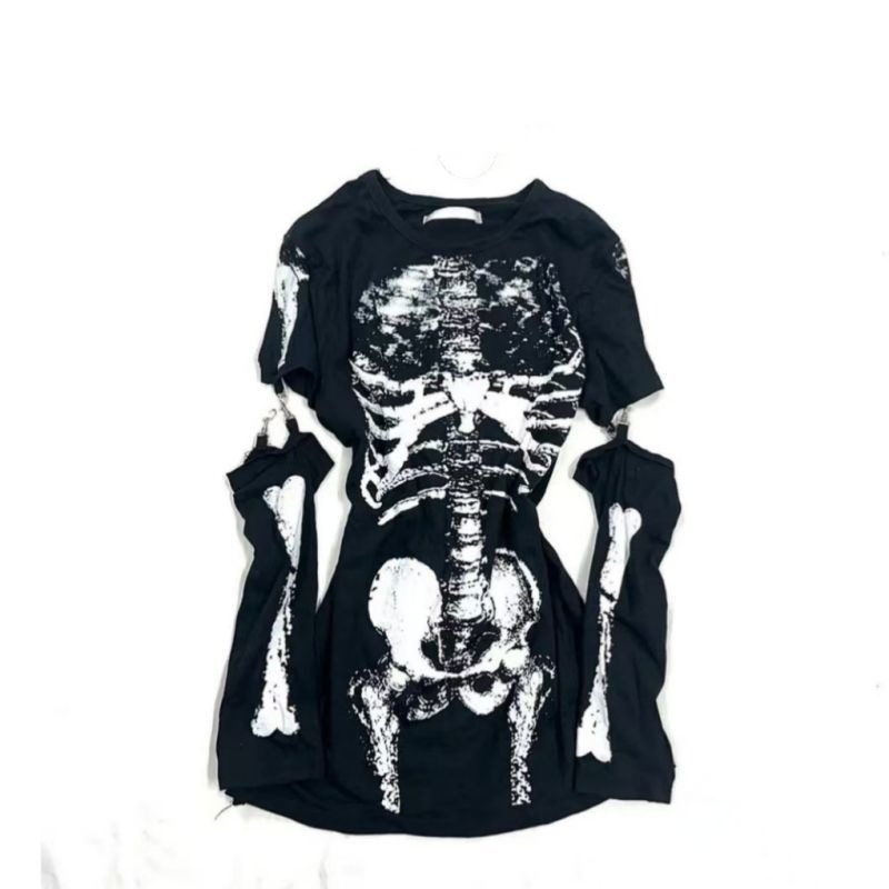 Summer Goth Clothing - Gothic Skeleton Graphic T-Shirt with Detachable