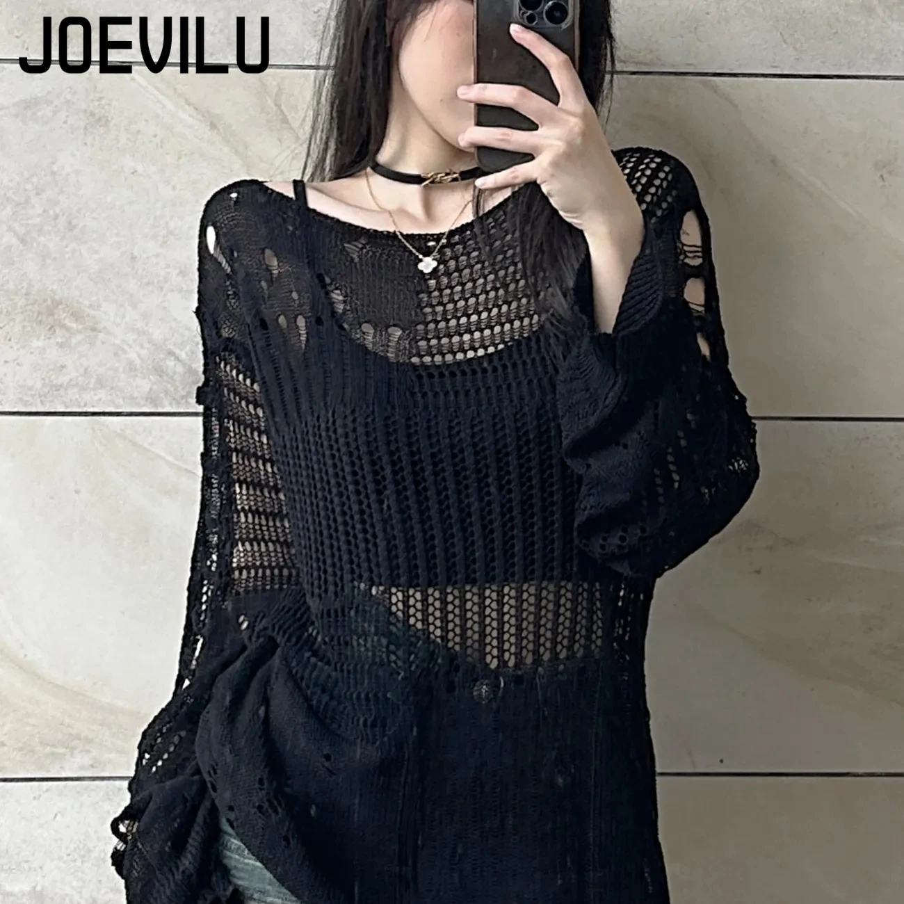 Summer Goth Clothing - JOEVILU Hollow Knit Blouse Summer Loose