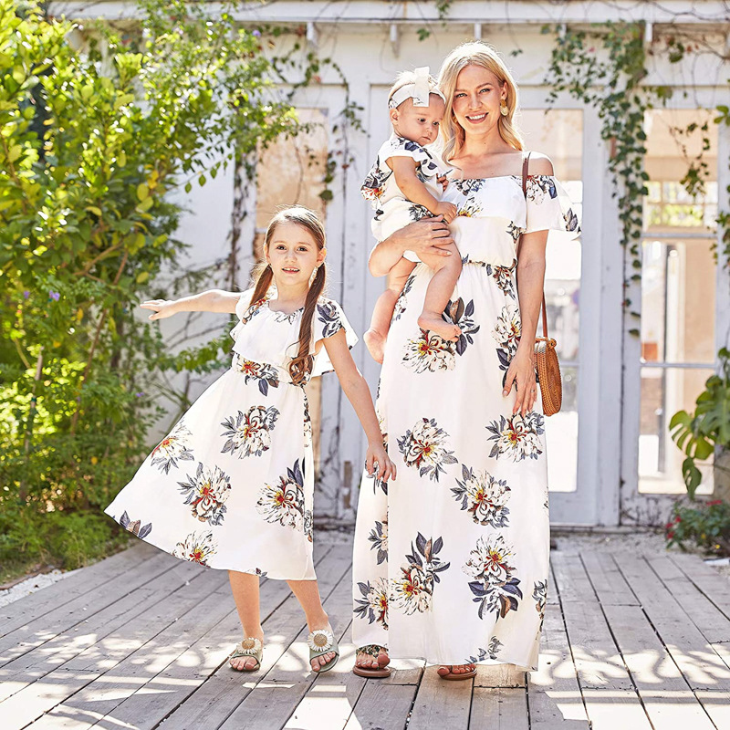 Summer Dresses Yours Clothing - Family Matching Clothes One-shoulder Printed Chiffon