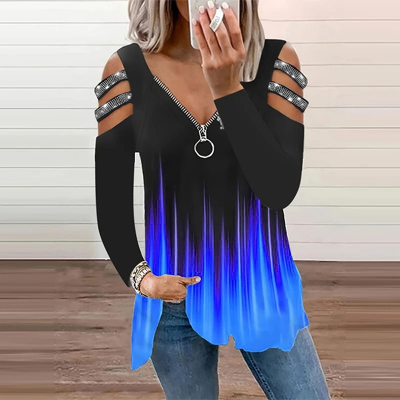 Gradient Color Zipper V Neck T - огляд і ціна Summer Clothing Drop
