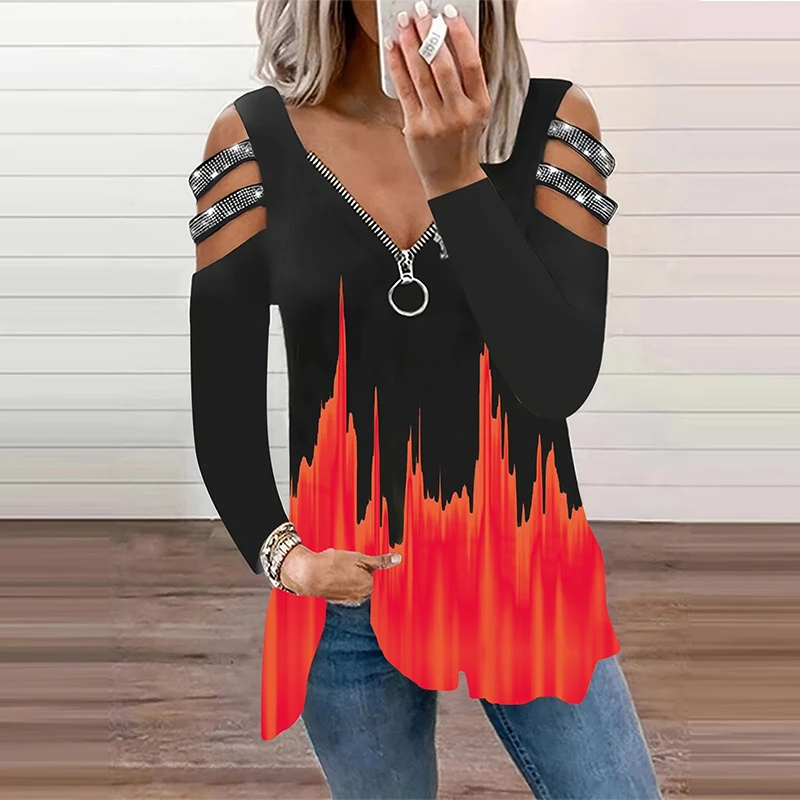Gradient Color Zipper V Neck T - огляд і ціна Summer Clothing Drop