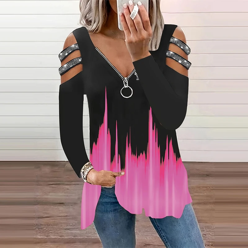 Gradient Color Zipper V Neck T - огляд і ціна Summer Clothing Drop