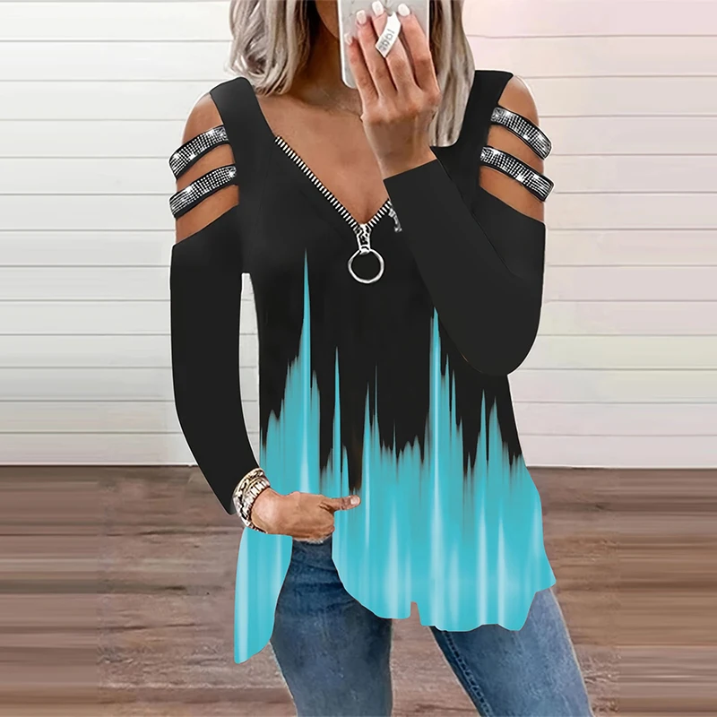 Gradient Color Zipper V Neck T - огляд і ціна Summer Clothing Drop