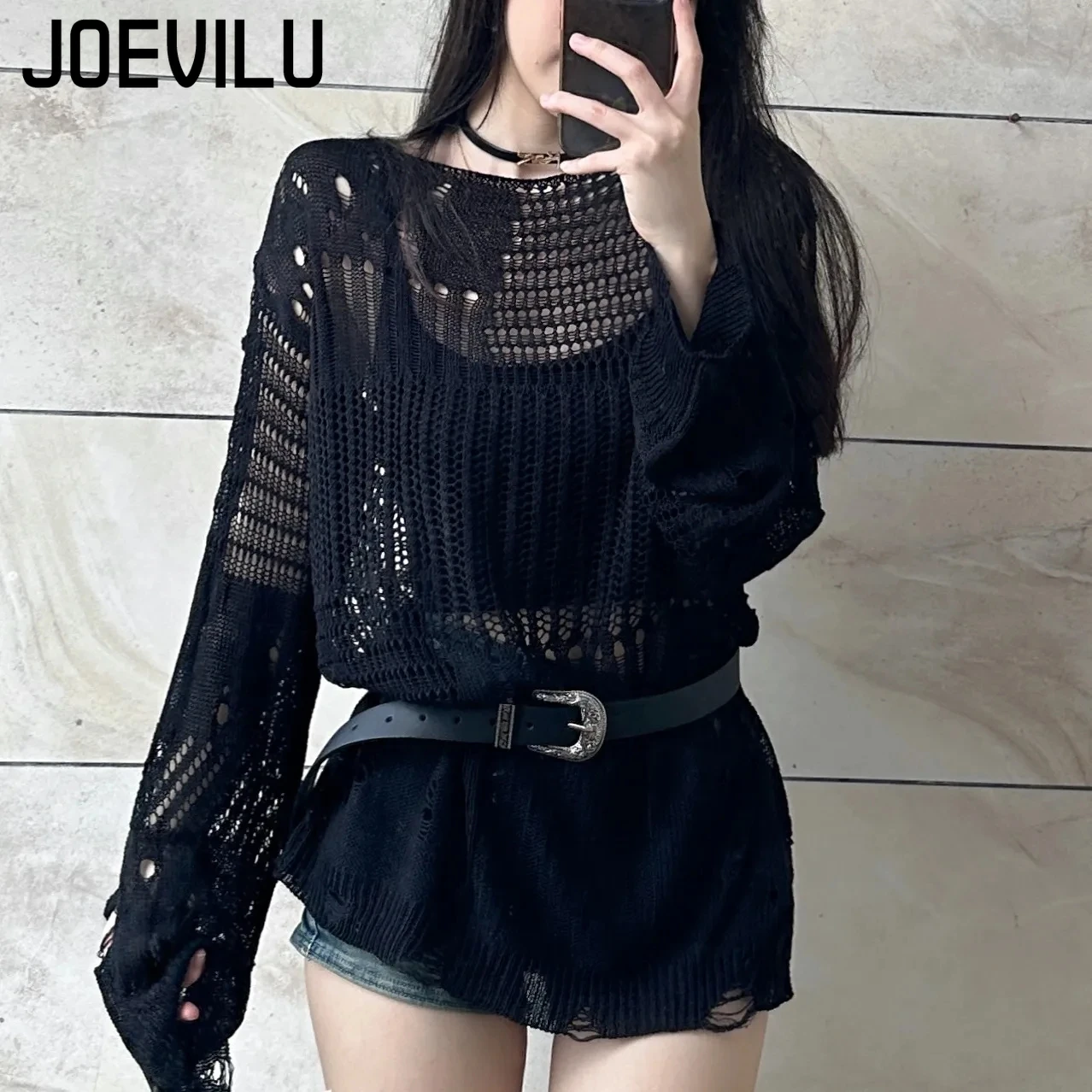 JOEVILU Hollow Knit Blouse Sum - огляд і ціна Summer Goth Clothing